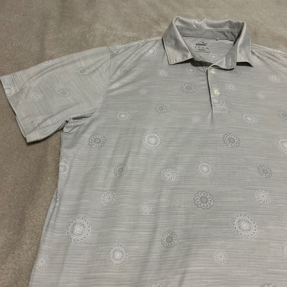 Puma‎ Golf Polo Shirt Mens Large Grey Medallion Print Short Sleeve performance